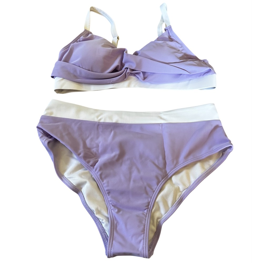 Color Block Bikini‎ Set High Waist Two Piece Swimsuit Purple White L